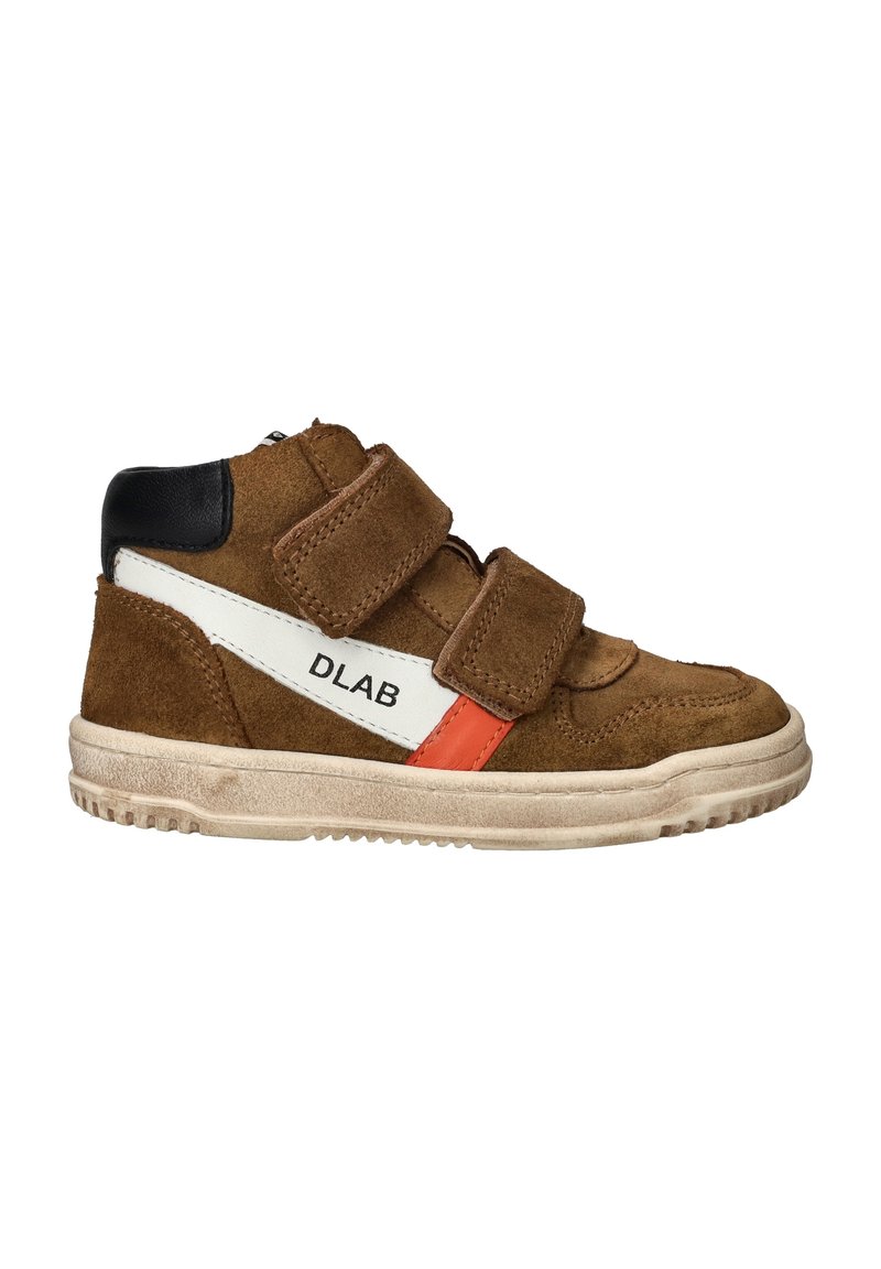Brown suede high-top sneakers with black accents, white and orange stripes, featuring Velcro straps and a rubber sole.