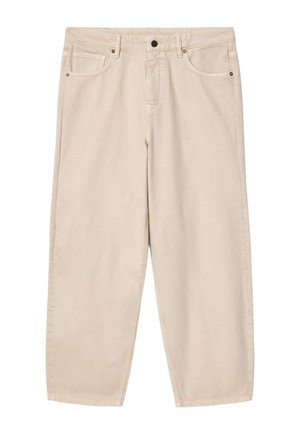 Jean beige à jambes larges avec cinq poches, passants pour ceinture, et fermeture à bouton et zip à la taille.
