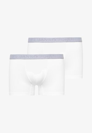 Boxer shorts bianchi in cotone, con un elastico grigio chiaro sulla vita e il nome del marchio "HANRO" impresso in un motivo sottile.