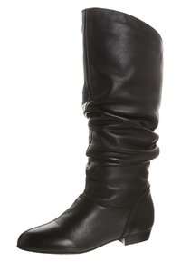 Botas de cuero negras hasta la rodilla con un diseño holgado, punta redonda, tacón bajo y textura suave. Ajuste regulable en la parte superior.