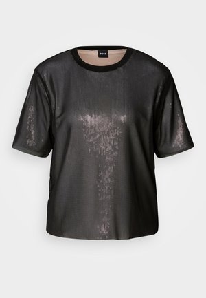 Black short-sleeve top with a textured, shiny finish, round neckline, and loose fit. Features subtle sequins for a reflective appearance.