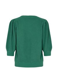 Pull vert en tricot avec manches trois-quarts bouffantes et poignets et ourlet côtelés, vu de dos sur un fond blanc.