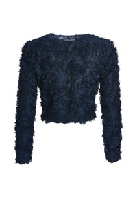 Top court bleu marine à manches longues en tissu texturé avec de grands motifs de roses et un col rond.