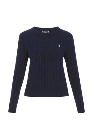 Granatowy sweter w splot kablowy z okrągłym dekoltem, ściągaczami przy mankietach i na dole. Z przodu z małym białym logo kotwicy po lewej stronie klatki piersiowej.