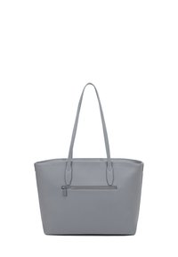 Borsa a tracolla sintetica grigia con due manici, forma rettangolare, esterno testurizzato, tasca con zipper singola sul fronte, design minimalista.