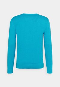 Turquoise lange mouwtrui met een ronde hals, geribbelde cuffs en zoom, en een gladde brei-textuur met een eenvoudig ontwerp.