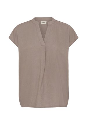 Blouse taupe à manches courtes avec encolure en V fendue et coupe décontractée, fabriquée en tissu léger.