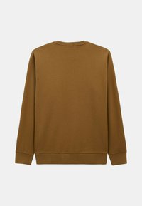 Sweatshirt marron avec un col rond et des manches longues, fabriqué en tissu doux. Présente des poignets et un ourlet côtelés, avec une texture lisse.