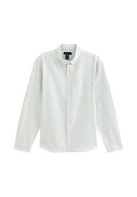 Camicia a maniche lunghe a righe verde chiaro e bianco con colletto, chiusura a bottoni e taschino sul petto. Tessuto di cotone, vestibilità standard.