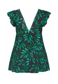 Sort kort kjole med dyb V-udskæring, flagrende ærmer og grønne bladprint over hele stoffet.