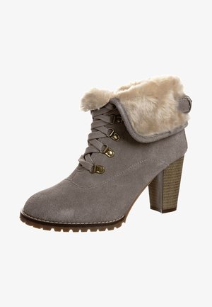 Gray suede ankle boot with faux fur collar, lace-up design, gold hardware, and a textured, stacked heel. Rubber sole with tread for traction.