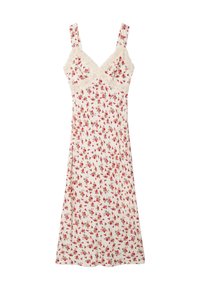 Floral Slipdress in Creme mit rotem Rosenmuster. Verfügt über Spitzenakzente, verstellbare Träger und eine fließende A-Linie-Silhouette. Weiche Stofftextur.