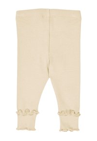 Beige ribbed leggings with a gathered frill detail at the ankle. Soft texture, elastic waistband, and form-fitting design.