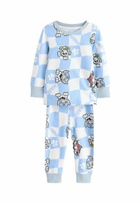 Children's blue and white checkered pajama set featuring Paw Patrol characters Chase, Rubble, and Marshall with paw prints.