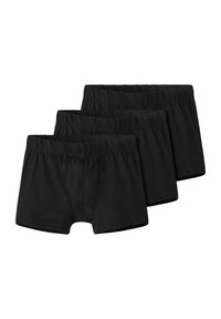 Czarne bawełniane bokserki, komplet trzyczęściowy, z elastycznym pasem i dopasowanym krojem, gładką fakturą, bez widocznych wzorów czy logo.