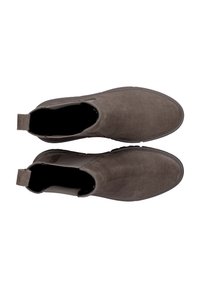 Grey suede ankle boots with a smooth texture, elastic side panels, pull tab at the back, and a rounded toe design.