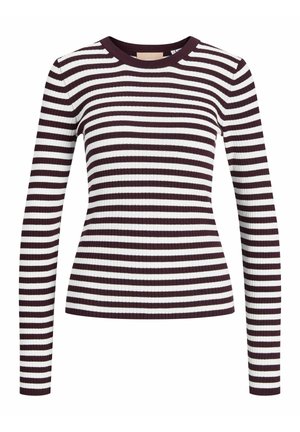 Randig långärmad topp i mörk burgund och vitt. Ribbad struktur; har rund halsringning och figurnära silhuett.