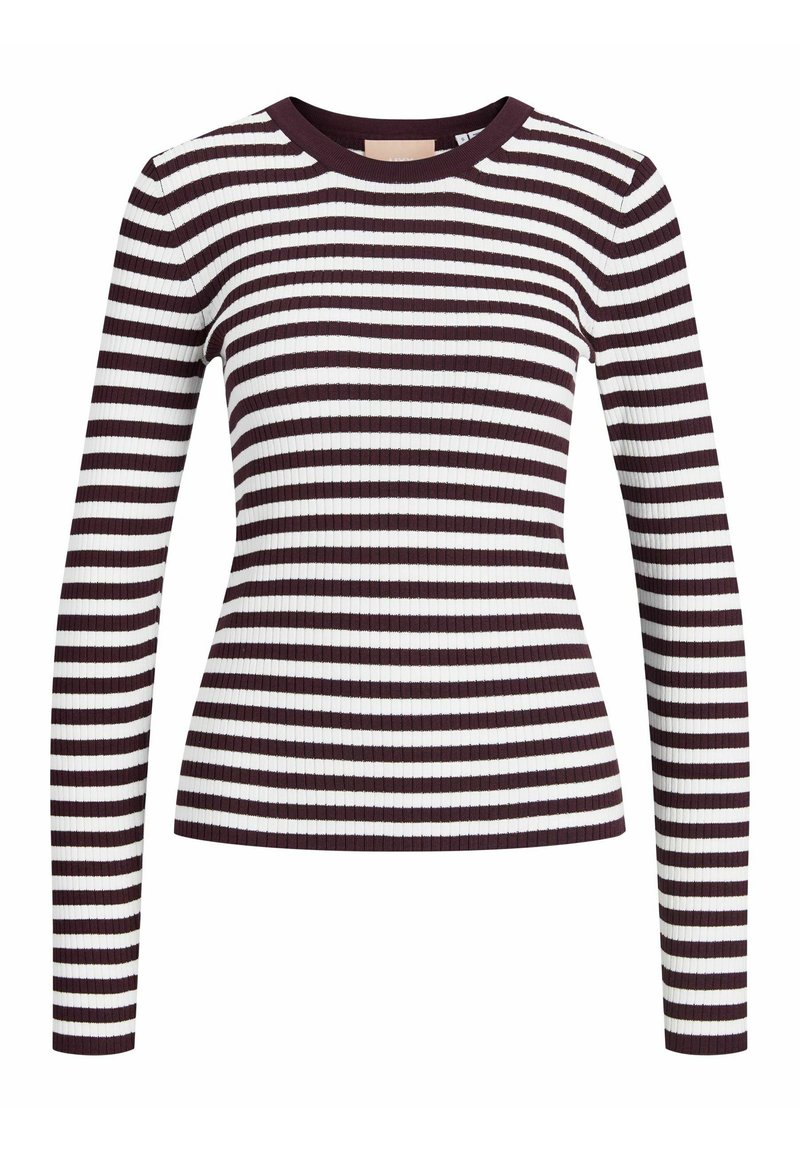 Gestreiftes Langarmshirt in dunklem Burgunderrot und Weiß. Rippstruktur; verfügt über einen runden Ausschnitt und eine enganliegende Silhouette.