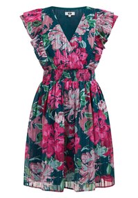 Květinové šaty s výstřihem do V a gumičkovým pasem. Mají mentolově zelené pozadí s živými růžovými a zelenými květy. Rukávy s volány.