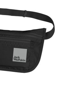 Borsa a vita nera in tessuto, con una texture liscia. Presenta un compartimento con zip e una toppa con logo grigio. Cinghia regolabile per una vestibilità sicura.