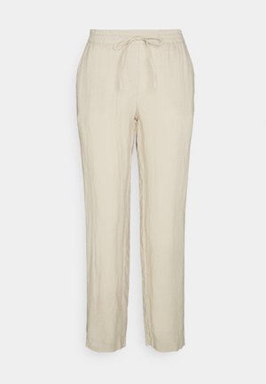 Light beige casual pants with an elastic waistband and drawstring, straight leg cut, made from a lightweight fabric.
