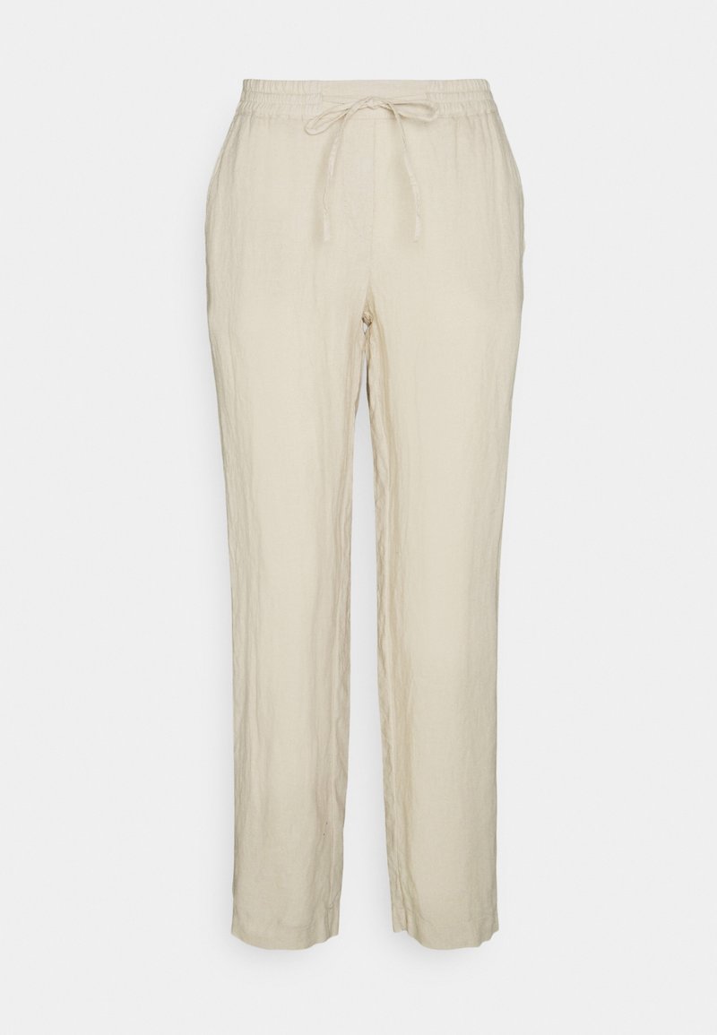 Pantalon décontracté beige clair avec taille élastique et cordon, coupe droite, fabriqué dans un tissu léger.