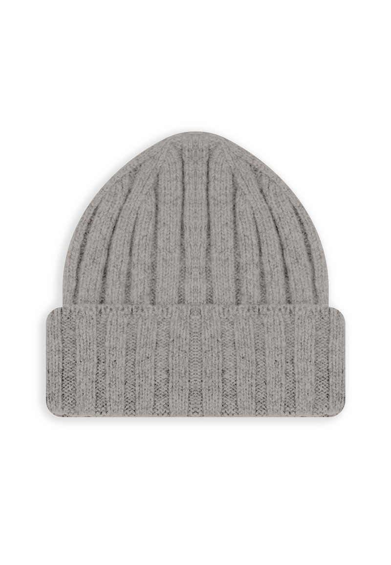 Beanie lavorato a maglia grigio chiaro con motivo a costine verticali e bordo pieghevole, mostrato su uno sfondo bianco.