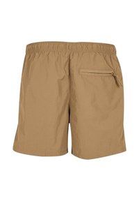 Shorts de baie khaki cu un tiv elastic, un buzunar la spate cu fermoar și o textură ușoară și netedă. Design simplu și lungime scurtă.