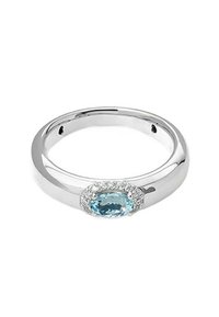 Silberring mit einem ovalen Aquamarin als Zentrum, umgeben von einem kreisförmigen Halo aus kleinen weißen Edelsteinen. Glatte, polierte Oberfläche.