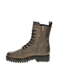 Bruine, gestructureerde leren enkelboot met een ronde neus, zwarte veters, een zijrits en een robuuste zool voor grip en duurzaamheid.