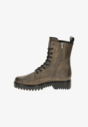Bottines en cuir marron texturé avec un bout rond, des lacets noirs, une fermeture éclair sur le côté et une semelle robuste pour l'adhérence et la durabilité.