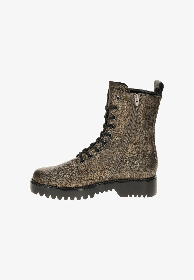 Bruine, gestructureerde leren enkelboot met een ronde neus, zwarte veters, een zijrits en een robuuste zool voor grip en duurzaamheid.