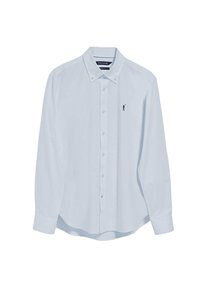 Lichtblauwe button-up shirt van katoen. Beschikt over een puntige kraag en een klein geborduurd logo op de linkerborst. Lange mouwen, relaxed fit.