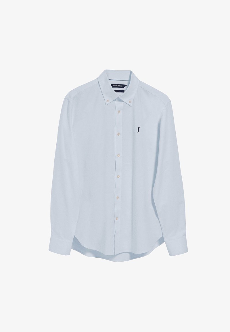 Camicia azzurra chiara button-up in cotone. Presenta un colletto a punta e un piccolo logo ricamato sul lato sinistro del petto. Maniche lunghe, vestibilità comoda.
