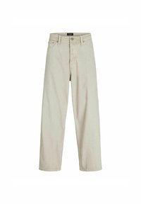 Beige wide-leg jeans made of cotton with a textured finish, featuring a button closure, belt loops, and front pockets.