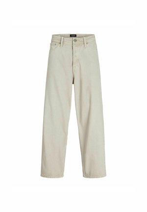Beige wide-leg jeans made of cotton with a textured finish, featuring a button closure, belt loops, and front pockets.