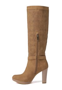 Stivale al ginocchio di pelle scamosciata perforata con motivo floreale, dotato di zip laterale e tacco alto a blocco. Superficie liscia.