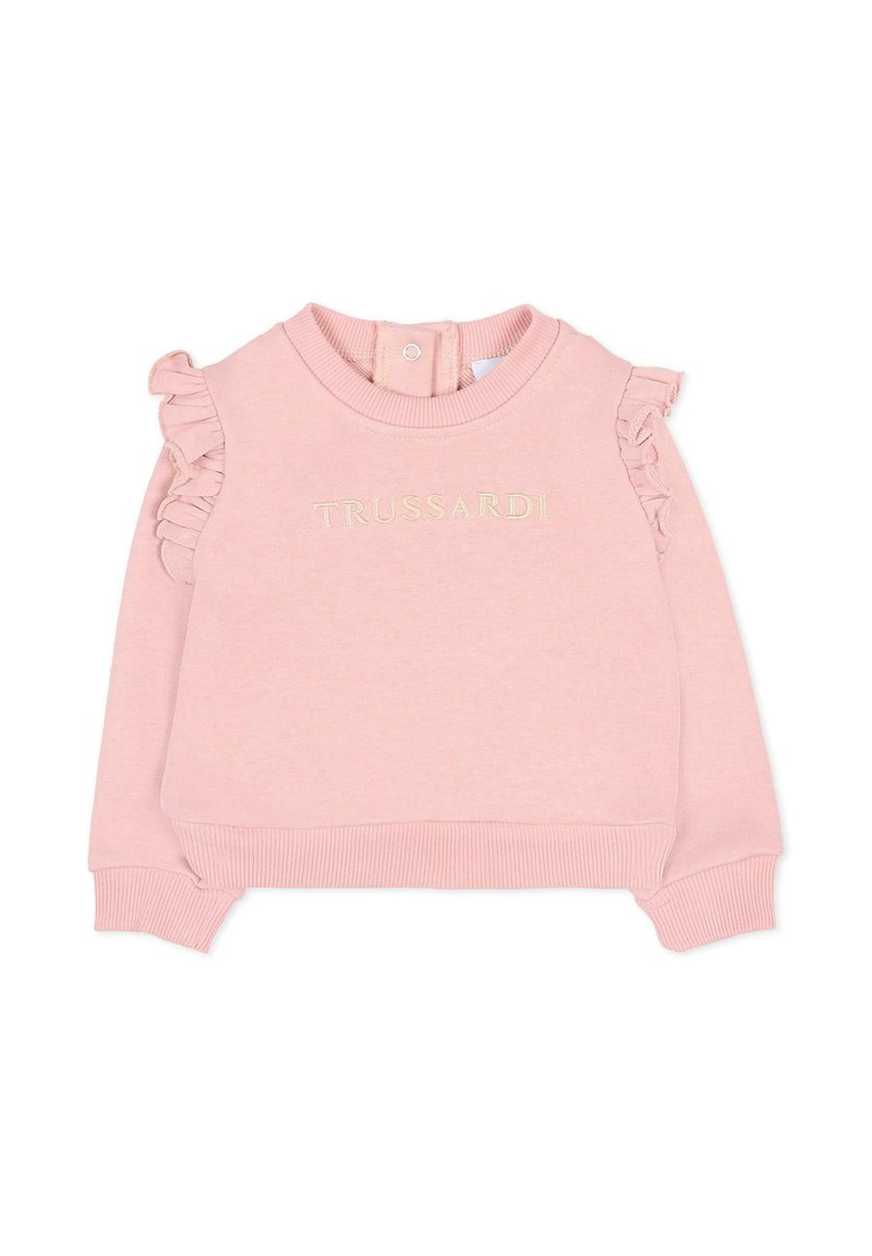 Felpa rosa con maniche a rouches e polsini a coste. Presenta la scritta "TRUSSARDI" ricamata in giallo chiaro sul petto.