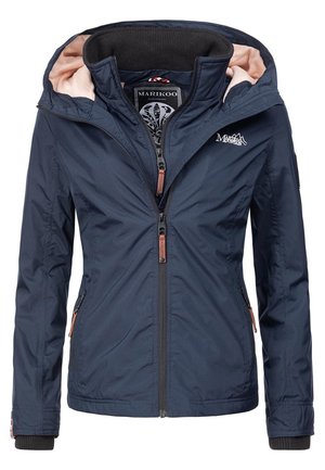 Navy blue, lightweight jacket with a hood, zippered front, and two side pockets. Features a soft pink lining and a logo on the chest.