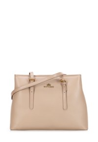 Borsa a mano in pelle beige con accessori in oro, due manici esterni e logo in rilievo. Texture liscia, forma strutturata e interno spazioso.