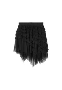 Fustă neagră în straturi, cu un design volănat, realizată dintr-un material transparent și texturat. Bretele elastice cu detaliu al numelui mărcii în partea de sus.
