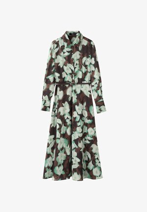 Abito floreale marrone con fiori verdi e bianchi, maniche lunghe, colletto con bottoni e una cintura abbinata in vita. Tessuto morbido.