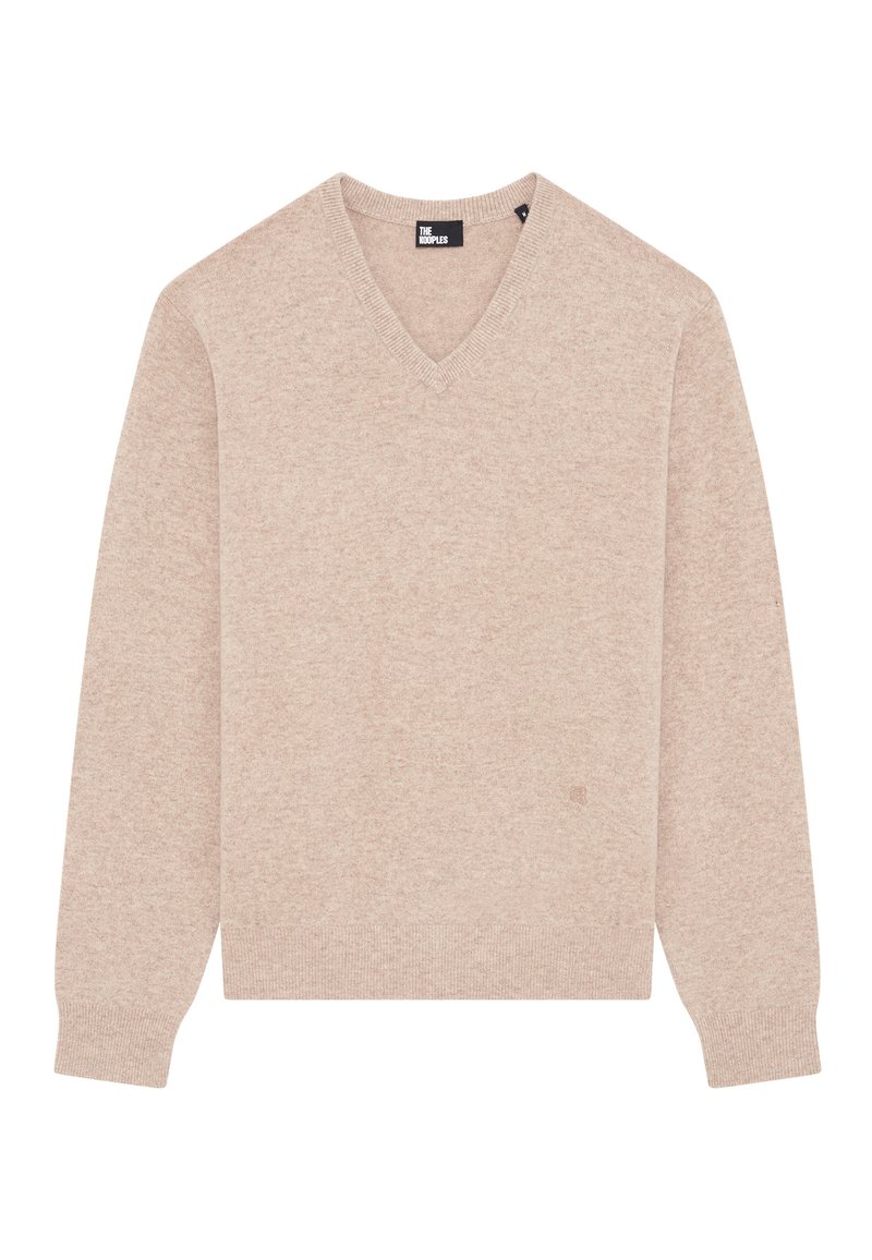 Beige Pullover mit V-Ausschnitt, langen Ärmeln und geripptem Saum sowie Bündchen. Hergestellt aus weichem, strukturiertem Material mit minimaler Markenkennzeichnung auf der Vorderseite.