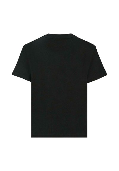 Zwarte t-shirt met korte mouwen en een ronde hals. Gladde katoenen stof, met een eenvoudig ontwerp zonder patronen of afbeeldingen.