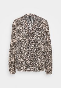 Transparente Bluse mit langen Ärmeln in Beige mit einem schwarz-weißen Leopardenmuster. Sie verfügt über einen V-Ausschnitt und einen weichen, fließenden Stoff.