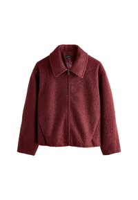 Veste zippée bordeaux en tissu texturé, à manches longues, avec un col large et une coupe légèrement raccourcie.