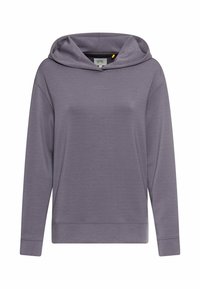 Lila Kapuzenpullover mit langen Ärmeln, der eine glatte Textur, eine lockere Passform und ein kleines bedrucktes Logo auf der Vorderseite aufweist.