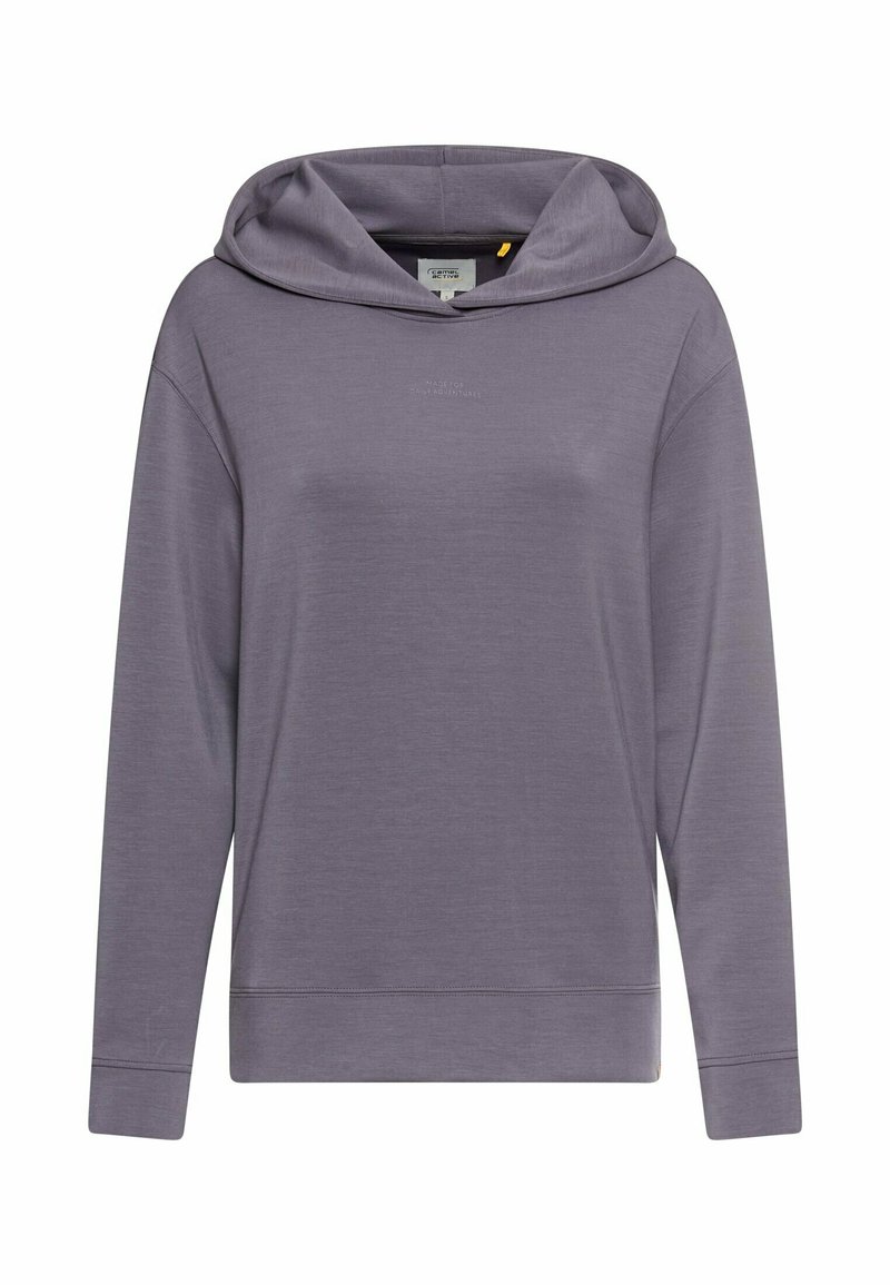 Lila Kapuzenpullover mit langen Ärmeln, der eine glatte Textur, eine lockere Passform und ein kleines bedrucktes Logo auf der Vorderseite aufweist.