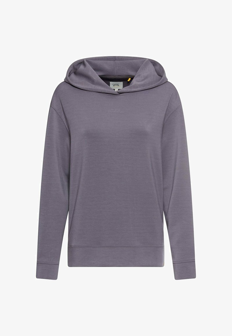 Paarse hoodie met lange mouwen, met een gladde textuur, een ontspannen pasvorm en een klein gedrukt logo op de voorkant.