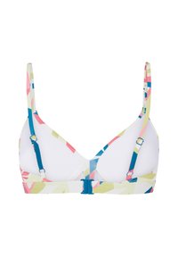 Haut de bikini à motifs colorés avec une forme triangulaire, des bretelles ajustables et une fermeture à clip. Le matériau semble lisse et extensible.